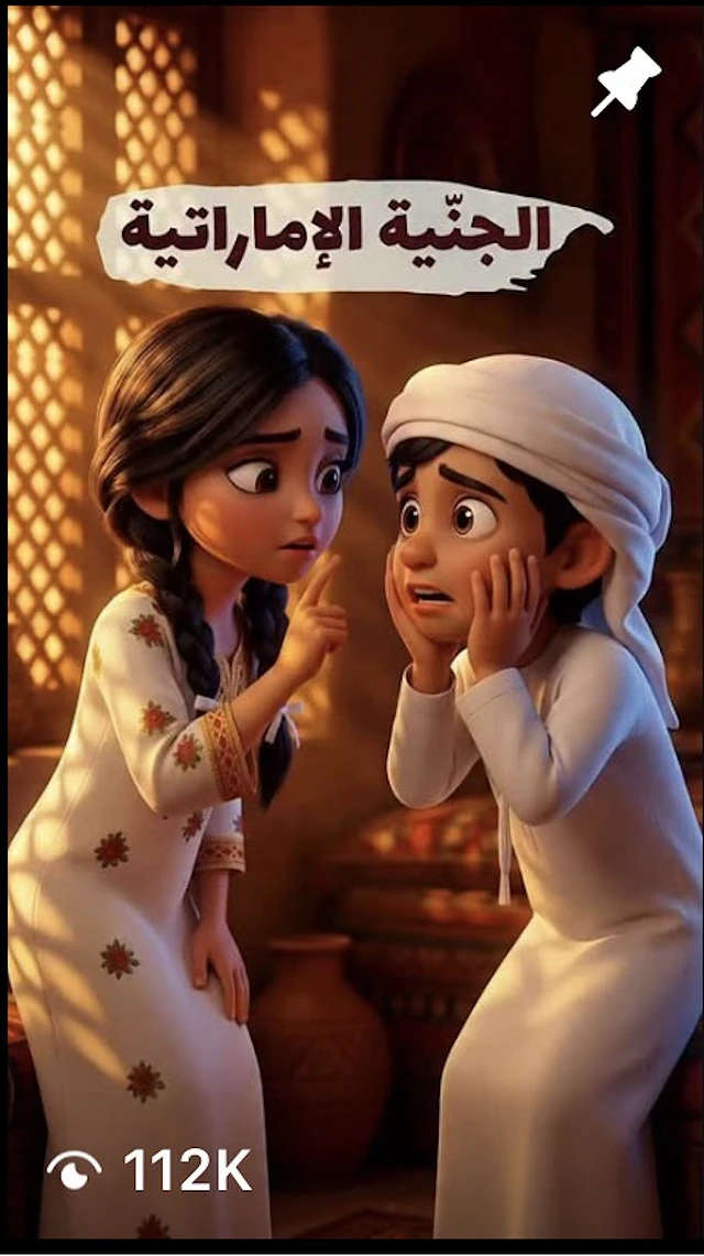 ملصق فيلم «الجنّية الإماراتية»: طفلة تهمس بسرّ لطفل مذهول في بيت إماراتي قديم