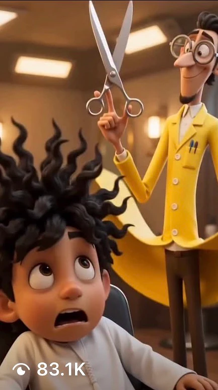 مشهد كرتوني لطفل مذعور على كرسي الحلاق والحلاق يرفع مقصاً ضخماً